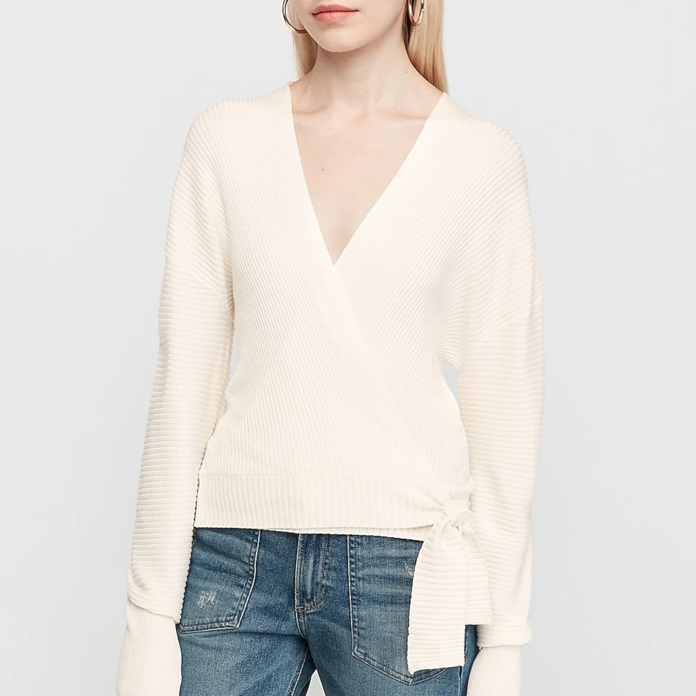NEW ✨ Express Ribbed Wrap-Front Tie Top (Ivory) - Picture 2 of 7